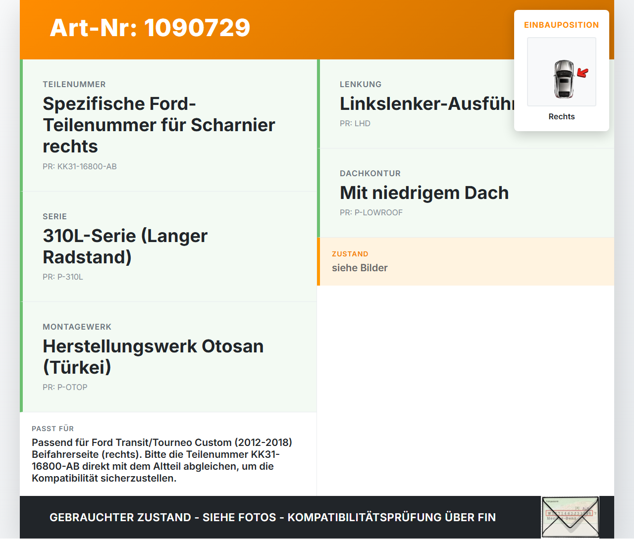 Ford Transit Custom 12-18 Kasten Scharnier für Motorhaube Motorhaubenscharnier Rechts Ford Transit Custom 12-18... Vorschau 3