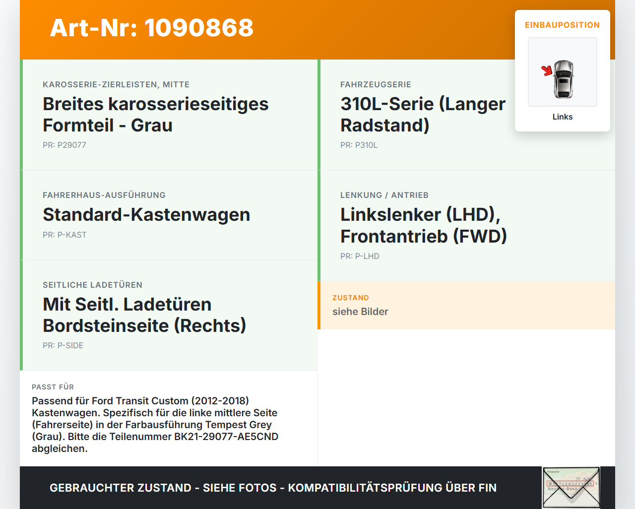 Ford Transit Custom 12-18 Kasten Türleiste Beplankung Links Mitte Aussen AA Ford Transit Custom 12-18 08.06.2015... Vorschau 3