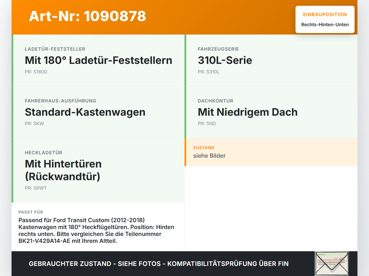 Ford Transit Custom 12-18 Kasten Türscharnier Tür Scharnier Rechts Hinten Unten Ford Transit Custom 12-18... Vorschau 3