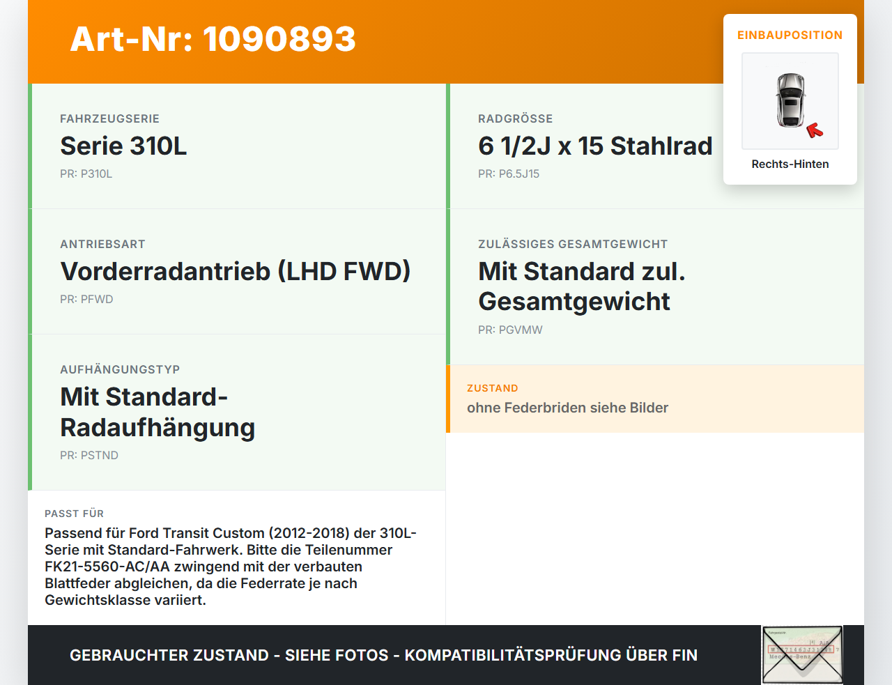 Ford Transit Custom 12-18 Kasten Feder Blattfeder Rechts Hinten Ford Transit Custom 12-18 08.06.2015 FK21-5560-AC... Vorschau 3