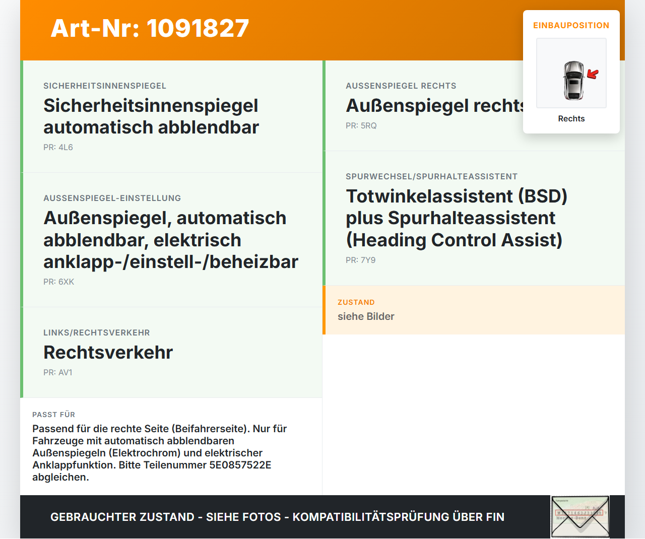 Skoda Octavia III 5E 17-20 Spiegel Aussenspiegel nur Glas Rechts Elektrochrom Totwinkelassistent Skoda Octavia III... Vorschau 3