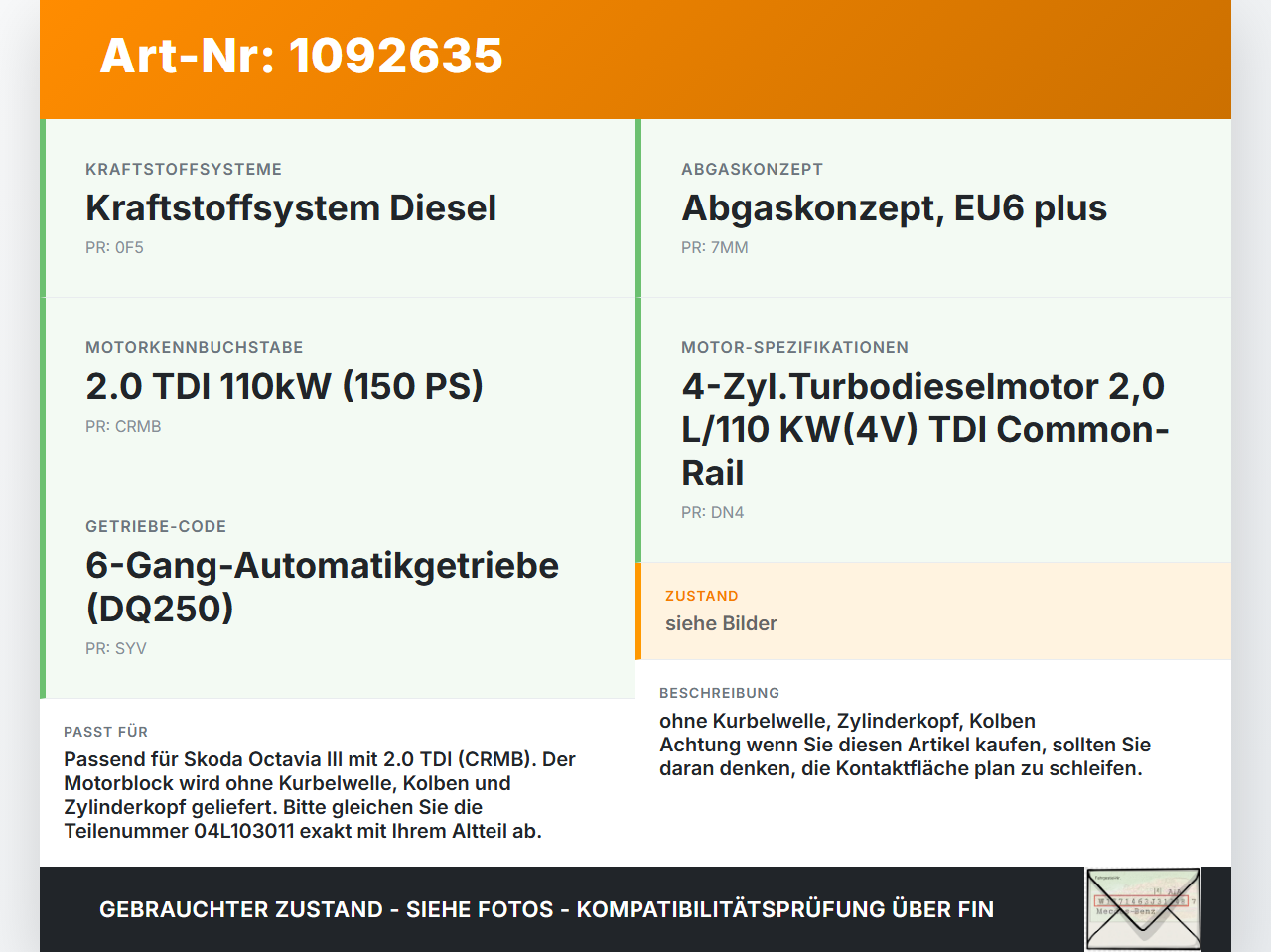 Skoda Octavia III 5E 17-20 TDI 2,0 110KW CRMB Motorblock für Motor Skoda Octavia III 5E 17-20 03.01.2018 04L103011... Vorschau 3