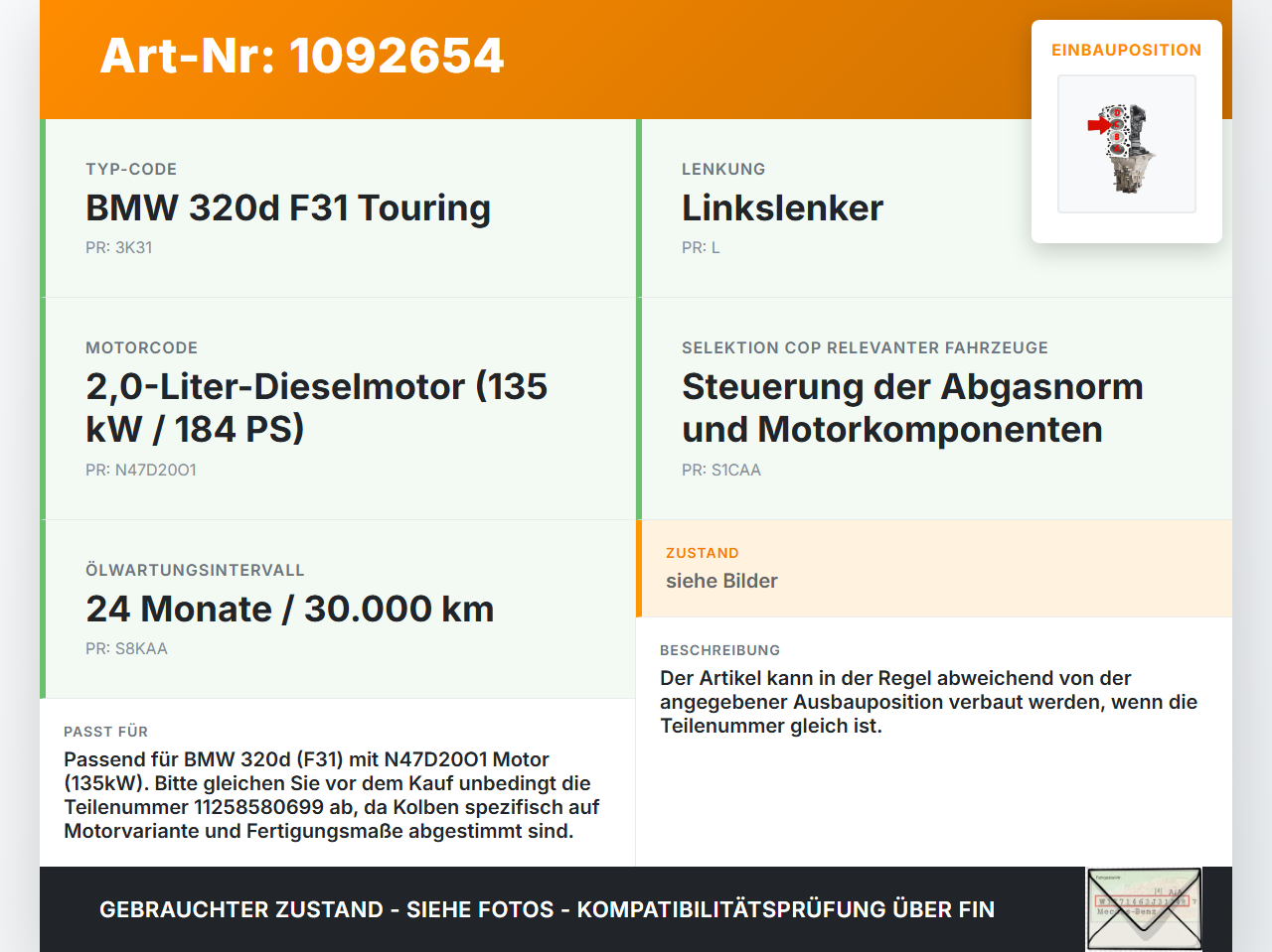 BMW 320d F31 12-15 2,0d 135KW N47D20O1 Kolben mit Pleuel Pos C BMW 320d F31 12-15 21.12.2012 8580699 11258580699... Vorschau 3