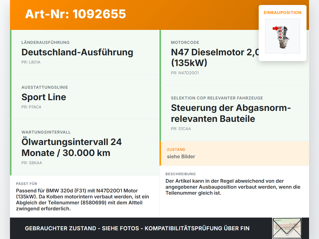 BMW 320d F31 12-15 2,0d 135KW N47D20O1 Kolben mit Pleuel Pos D BMW 320d F31 12-15 21.12.2012 1125-8580699 8580699... Vorschau 3