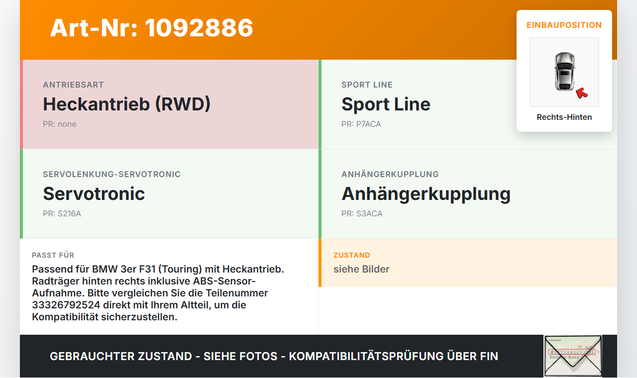 BMW 320d F31 12-15 Kombi 2,0d 135KW Achsschenkel Radnabe mit ABS Rechts Hinten BMW 320d F31 12-15 21.12.2012... Vorschau 3