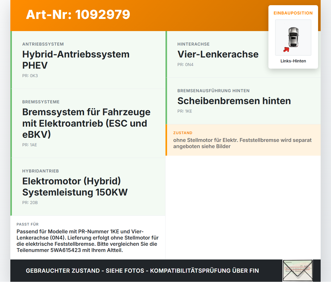 Skoda Octavia IV NX 20-24 Hybrid TSI iV 1,4 110KW Bremssattel Bremszange Hinten Links Skoda Octavia IV NX 20-24... Vorschau 3