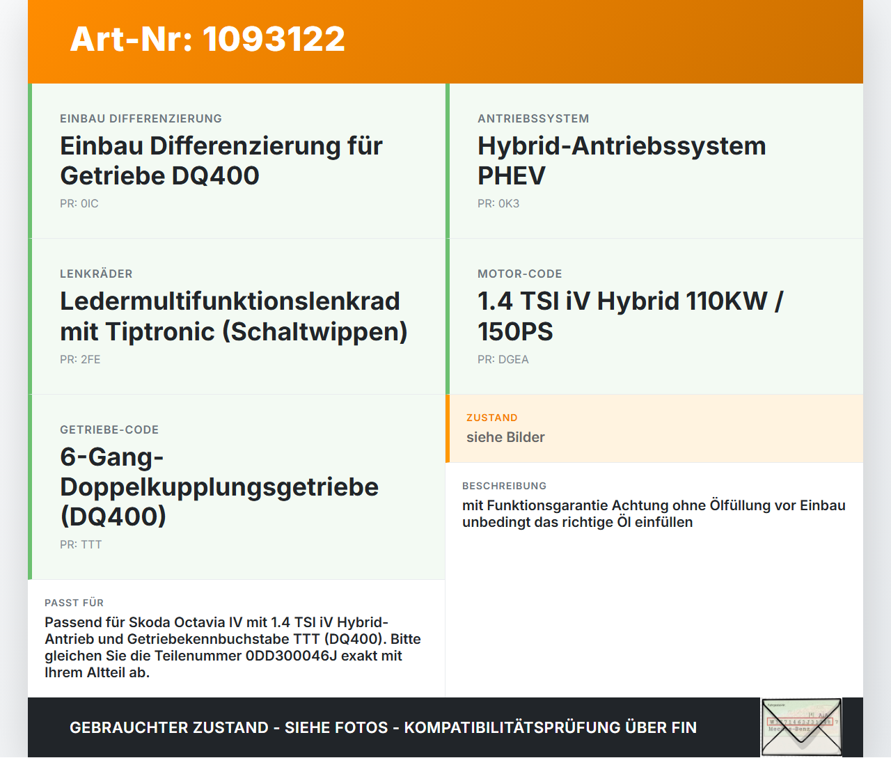 Skoda Octavia IV NX 20-24 Hybrid TSI iV 1,4 110KW TTT Automatikgetriebe DSG Doppelkupplungsgetriebe Getriebe TTT... Vorschau 3