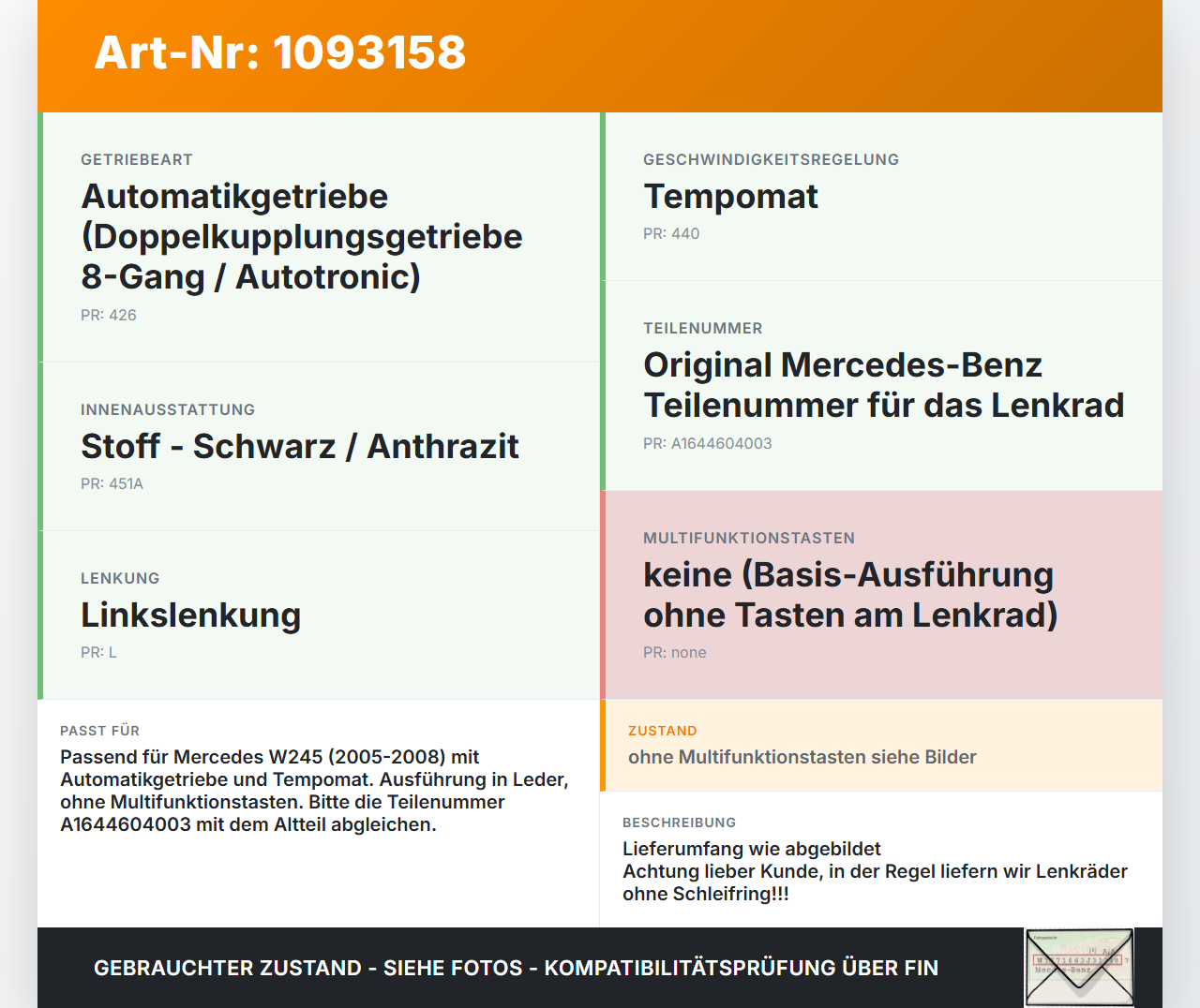 Mercedes W245 B180 05-08 Lenkrad Airbaglenkrad Lederlenkrad mit Fahrerairbag Mercedes W245 B180 05-08 28.02.2007... Vorschau 3