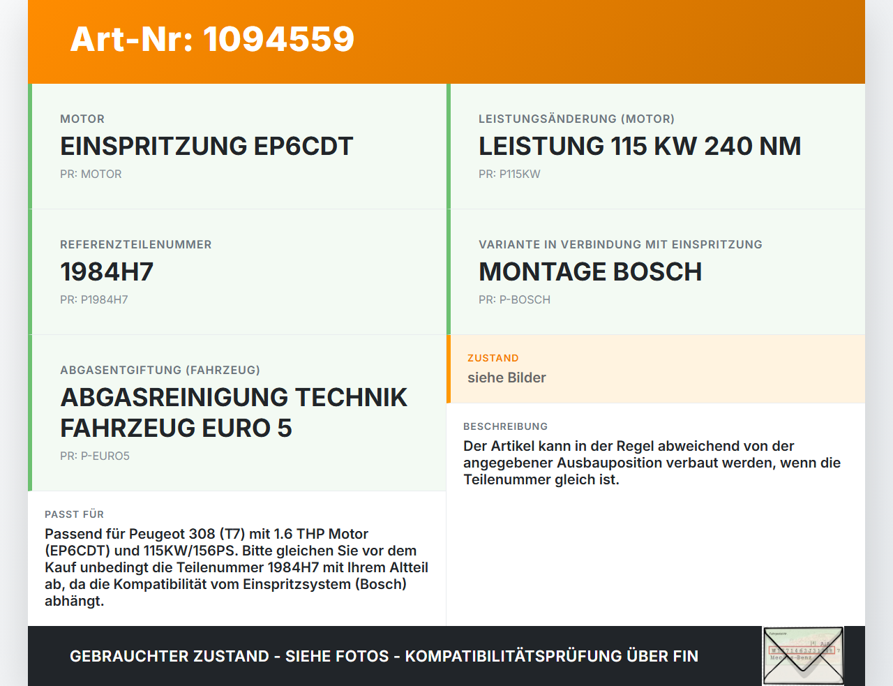 Peugeot 308 CC 07-11 THP 1,6 115KW Injektor Einspritzdüse Zyl.3 Peugeot 308 CC 07-11 31.03.2011 1984H7 0261500073... Vorschau 3