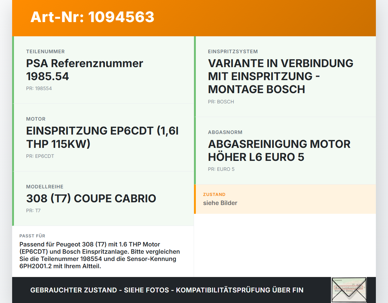 Peugeot 308 CC 07-11 THP 1,6 115KW Railsensor Drucksensor Peugeot 308 CC 07-11 31.03.2011 198554 V754043980-08... Vorschau 3