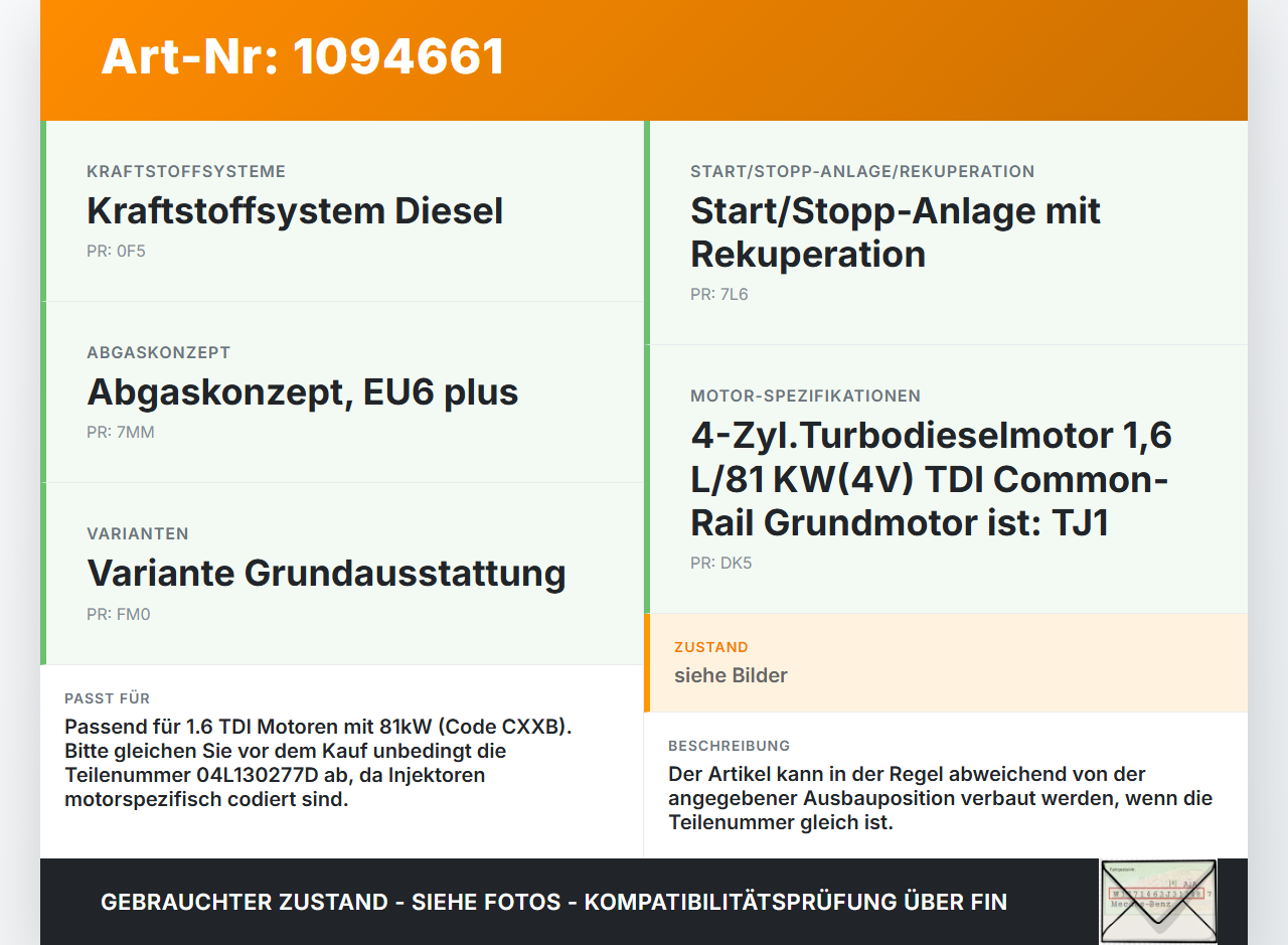 VW Golf VII 7 5G 12-17 TDI 1,6 81KW Injektor Einspritzdüse Zyl.1 VW Golf VII 7 5G 12-17 01.12.2016 04L130277D... Vorschau 3