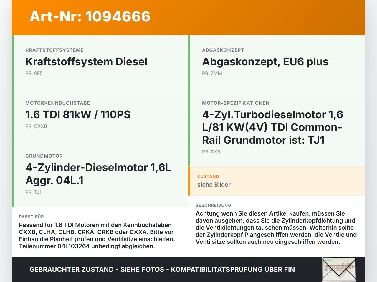 VW Golf VII 7 5G 12-17 TDI 1,6 81KW CXXB Zylinderkopf VW Golf VII 7 5G 12-17 01.12.2016 04L103264 04L103373E gebraucht Vorschau 3