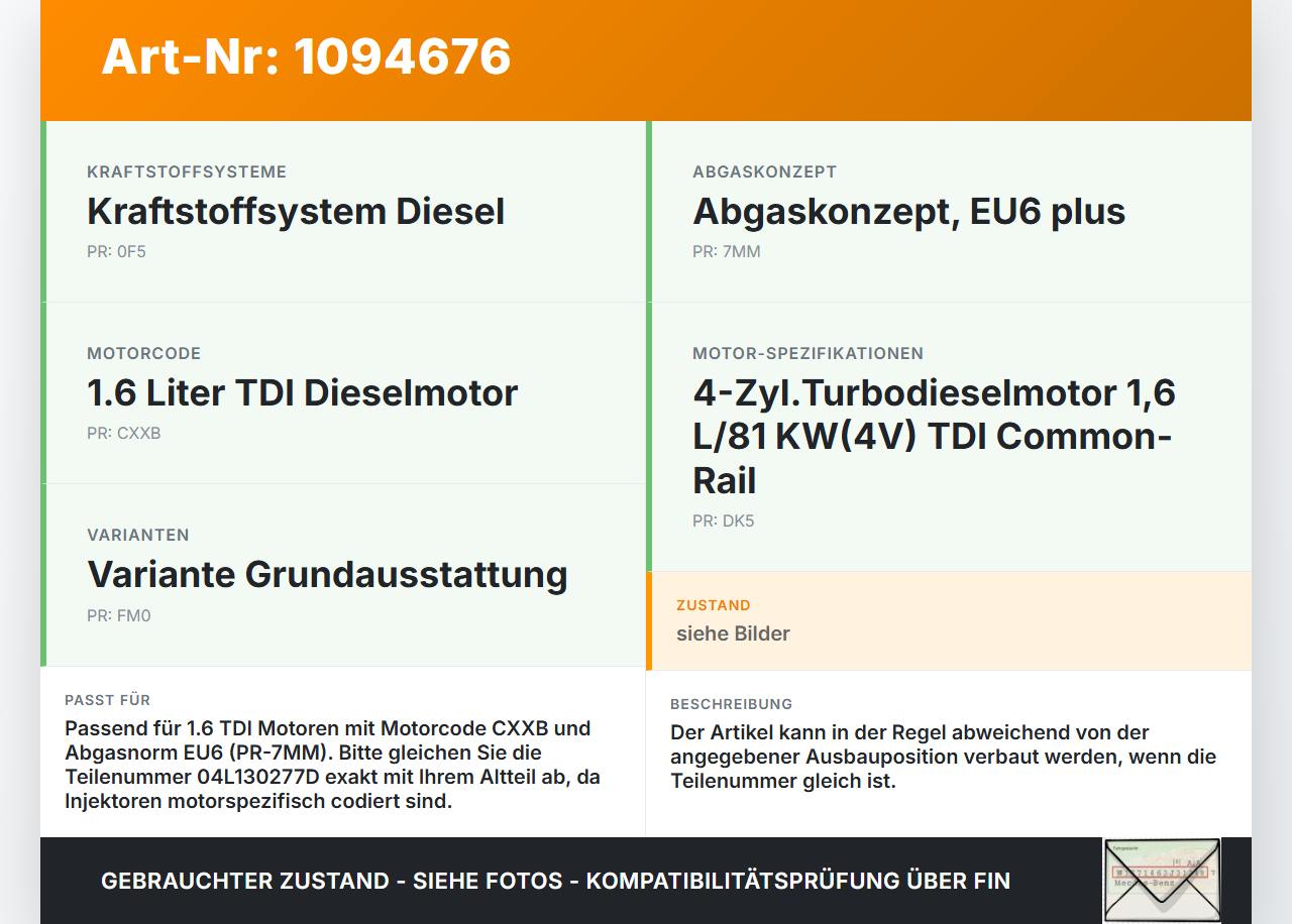 VW Golf VII 7 5G 12-17 TDI 1,6 81KW Injektor Einspritzdüse Zyl.4 VW Golf VII 7 5G 12-17 01.12.2016 04L130277D... Vorschau 3