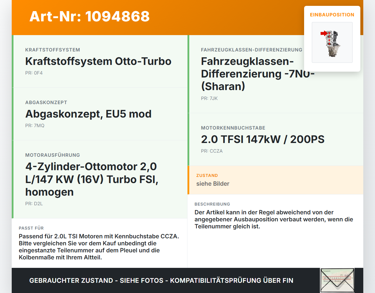 VW Sharan 7N II 10-15 FSI 2,0 147KW CCZA Kolben mit Pleuel Pos D VW Sharan 7N II 10-15 09.05.2012 06H107065DD gebraucht Vorschau 3