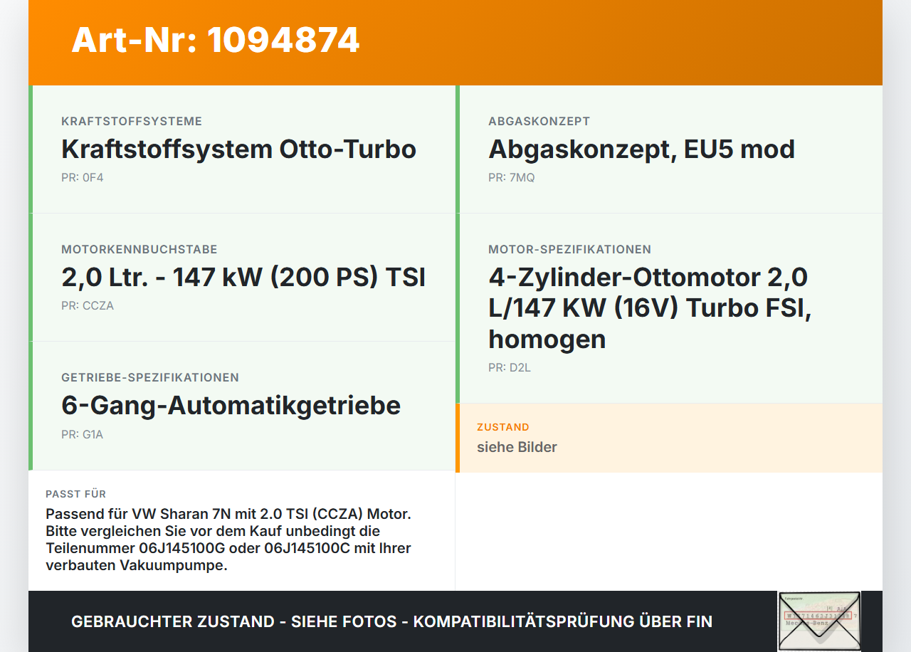 VW Sharan 7N II 10-15 FSI 2,0 147KW CCZA Unterdruckpumpe Vakuumpumpe VW Sharan 7N II 10-15 09.05.2012 06J145100AB... Vorschau 3