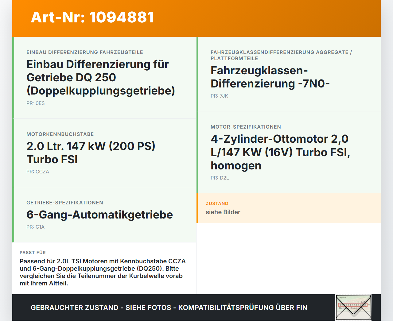 VW Sharan 7N II 10-15 FSI 2,0 147KW CCZA Kurbelwelle VW Sharan 7N II 10-15 09.05.2012 06H105021M gebraucht Vorschau 3