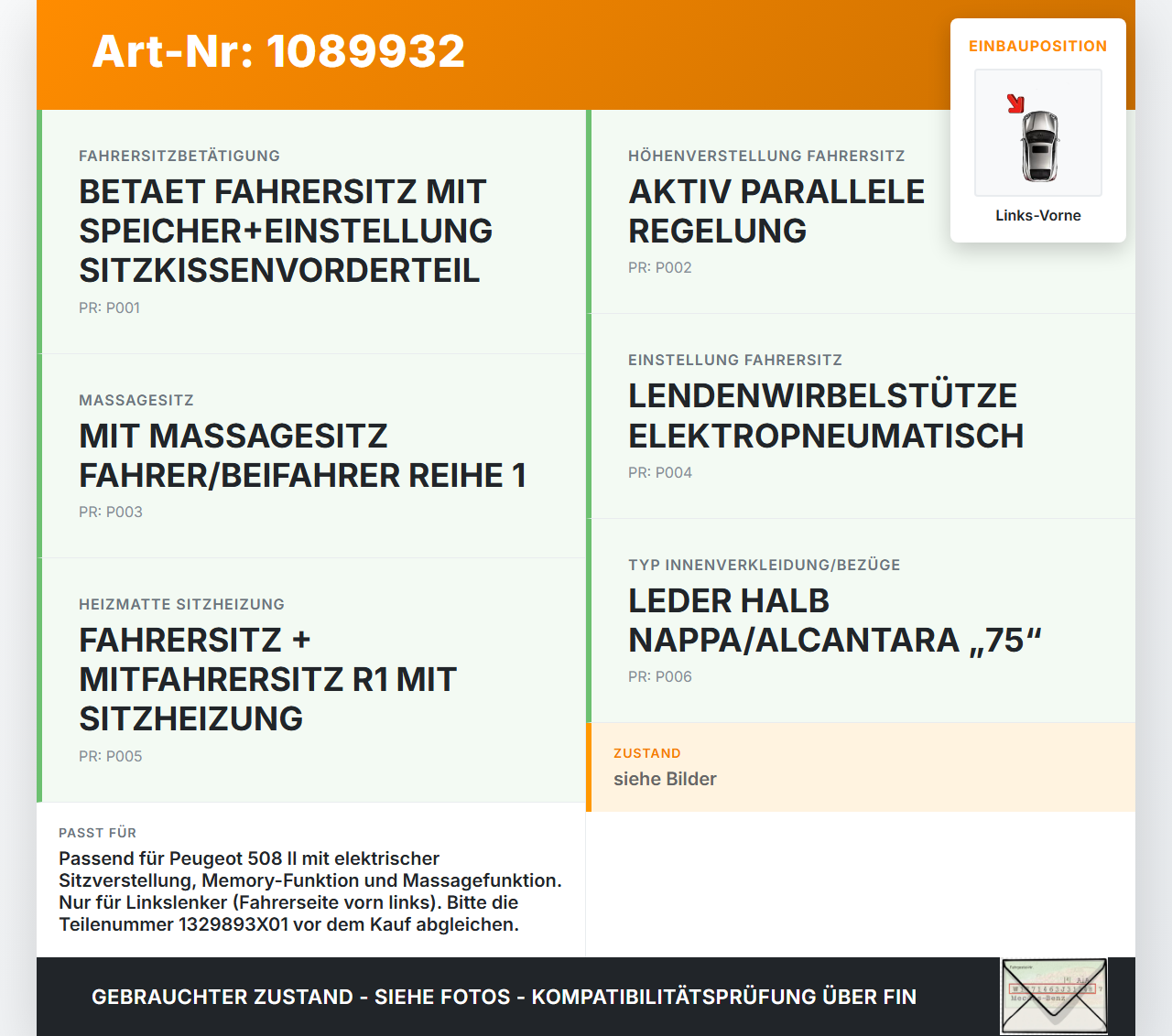 Peugeot 508 II 18-23 Stellmotor Antrieb für Sitz Verstellung Links Vorne Peugeot 508 II 18-23 16.07.2019 1329893X01... Vorschau 3