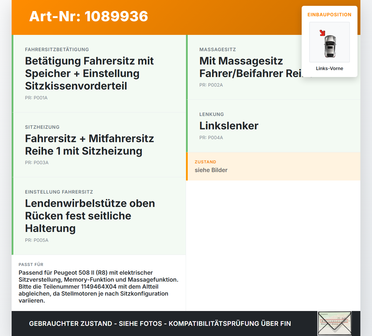 Peugeot 508 II 18-23 Stellmotor Antrieb Sitz Links Vorne Peugeot 508 II 18-23 16.07.2019 1149464X04 gebraucht Vorschau 3