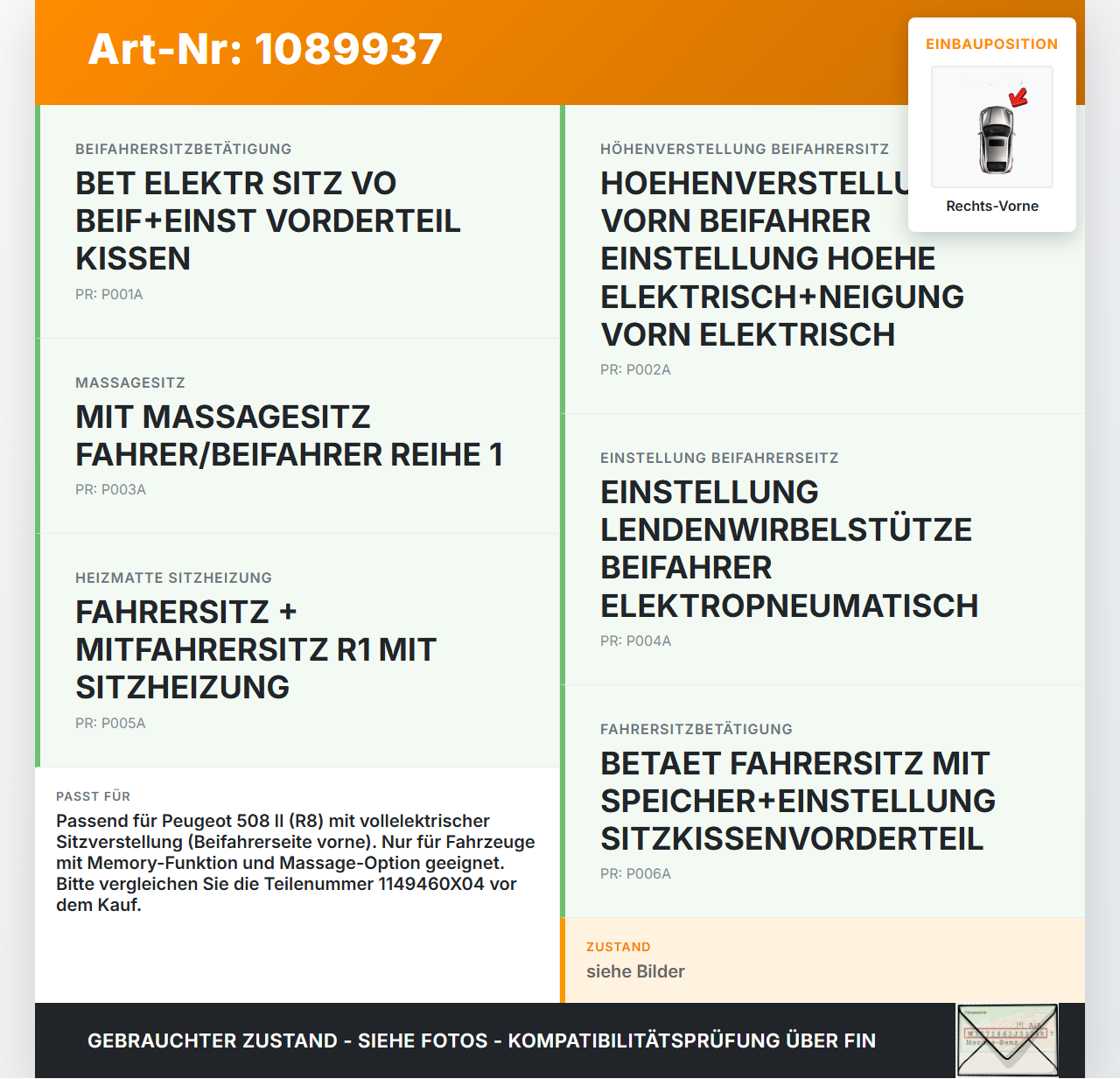 Peugeot 508 II 18-23 Stellmotor Antrieb für Sitz Verstellung Rechts Vorne Peugeot 508 II 18-23 16.07.2019... Vorschau 3