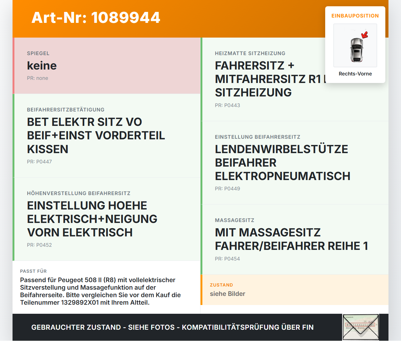 Peugeot 508 II 18-23 Stellmotor Antrieb für Sitz Verstellung Rechts Vorne Peugeot 508 II 18-23 16.07.2019... Vorschau 3