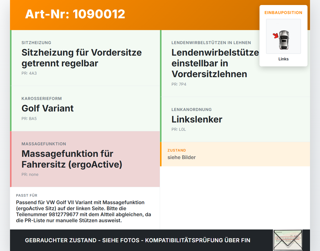VW Golf VII 7 Variant 13-17 Schalter Links für Sitz Massage VW Golf VII 7 Variant 13-17 11.11.2014 9812779677 gebraucht Vorschau 3