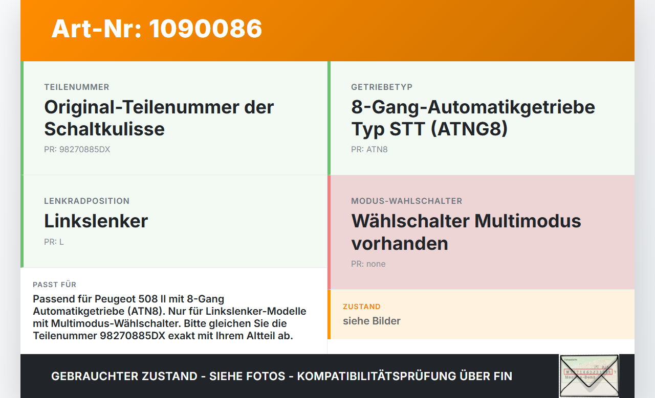 Peugeot 508 II 18-23 1,6 165KW Autom Schaltkulisse Schalthebel Automatik Wählhebel Gangwahlschalter Peugeot 508 II... Vorschau 3