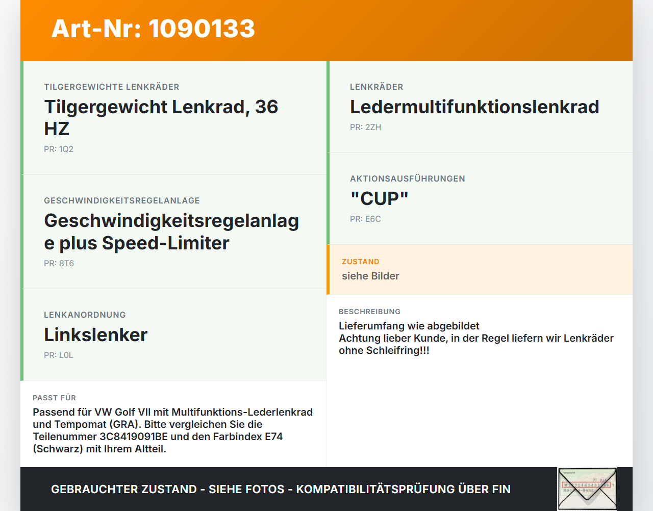 VW Golf VII 7 Variant 13-17 Lenkrad ohne Airbag VW Golf VII 7 Variant 13-17 11.11.2014 3C8419091BE 3C8419091BEE74... Vorschau 3