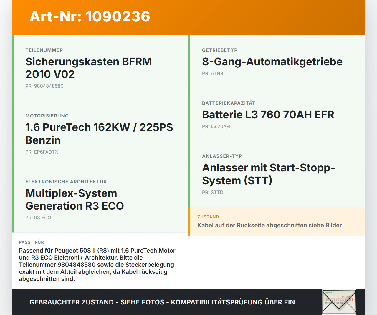 Peugeot 508 II 18-23 1,6 165KW Sicherungskasten Zentralelektrik BFRM 2010 ECO V02 Peugeot 508 II 18-23 16.07.2019... Vorschau 3