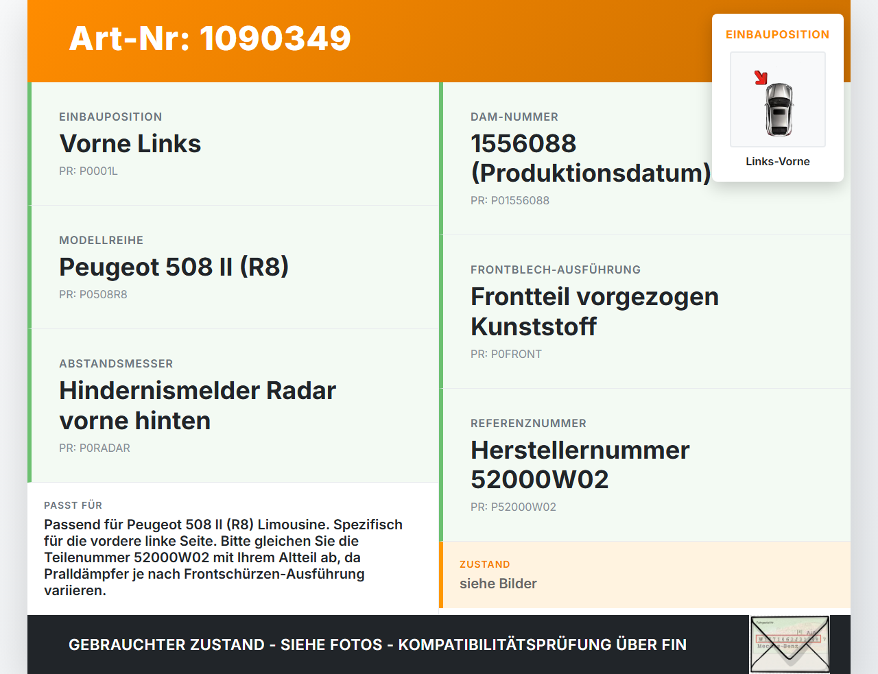 Peugeot 508 II 18-23 Pralldämpfer für Träger Stoßstange Vorne Links Peugeot 508 II 18-23 16.07.2019 52000W02 gebraucht Vorschau 3