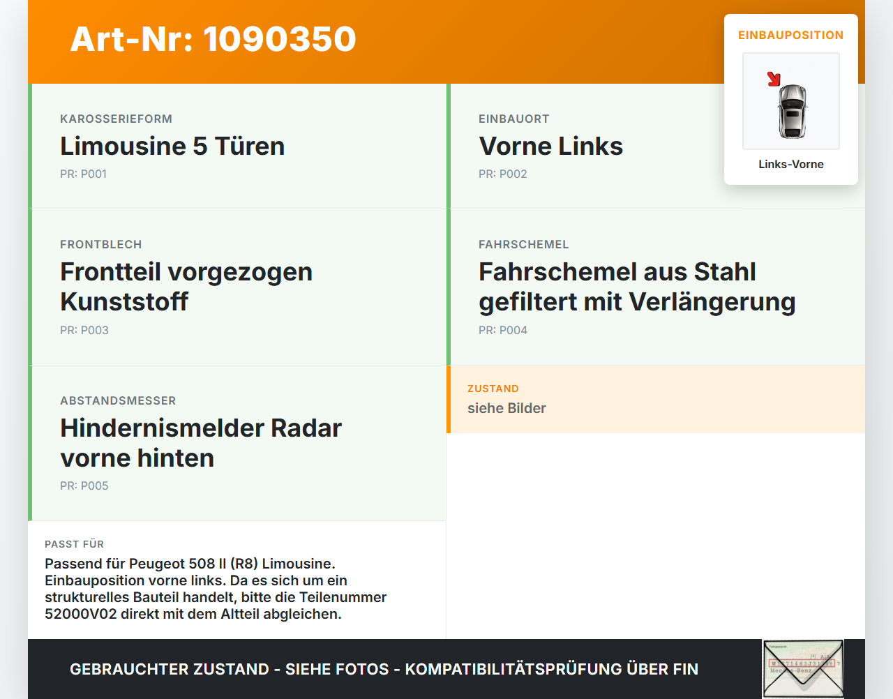 Peugeot 508 II 18-23 Pralldämpfer für Träger Stoßstange Vorne Links Peugeot 508 II 18-23 16.07.2019 52000V02 gebraucht Vorschau 3