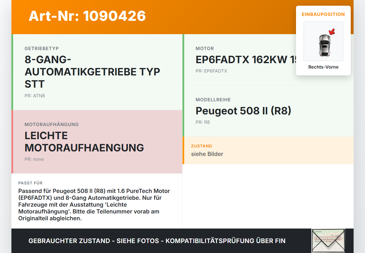 Peugeot 508 II 18-23 1,6 165KW Motorhalter Motorlager Rechts Vorne Peugeot 508 II 18-23 16.07.2019 gebraucht Vorschau 3