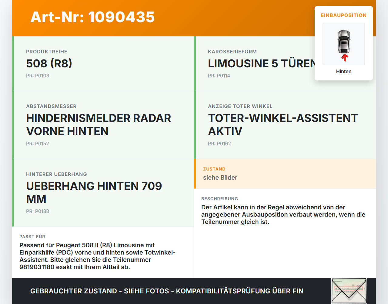 Peugeot 508 II 18-23 PDC Kabelbaum Leitungssatz Hinten Peugeot 508 II 18-23 16.07.2019 9819031180 gebraucht Vorschau 3