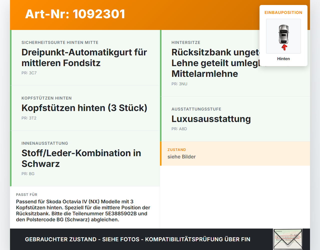 Skoda Octavia IV NX 20-24 Kopfstütze Mitte Hinten Skoda Octavia IV NX 20-24 26.04.2021 5E3885902B gebraucht Vorschau 3
