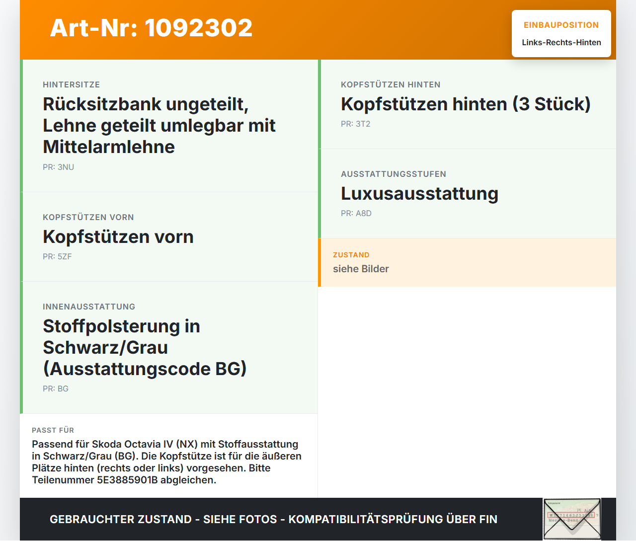 Skoda Octavia IV NX 20-24 Kopfstütze Rechts oder Links Hinten Skoda Octavia IV NX 20-24 26.04.2021 5E3885901B gebraucht Vorschau 3