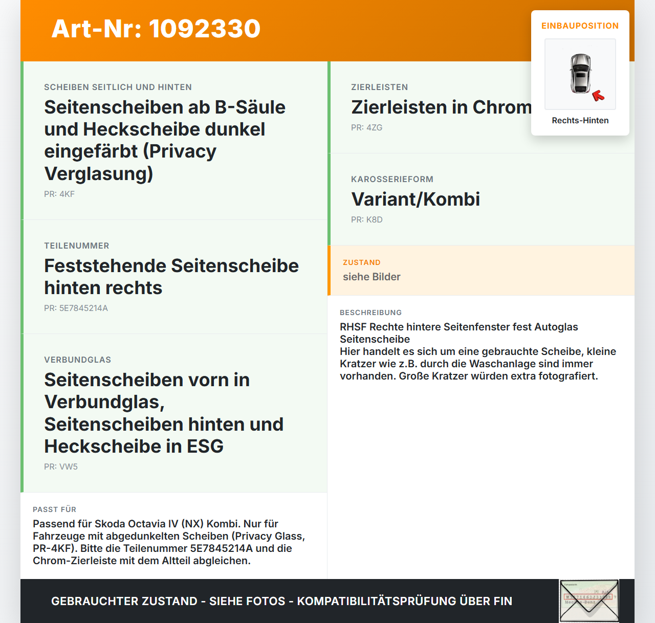 Skoda Octavia IV NX 20-24 Kombi Seitenscheibe Feste Scheibe Rechts Hinten Skoda Octavia IV NX 20-24 26.04.2021... Vorschau 3