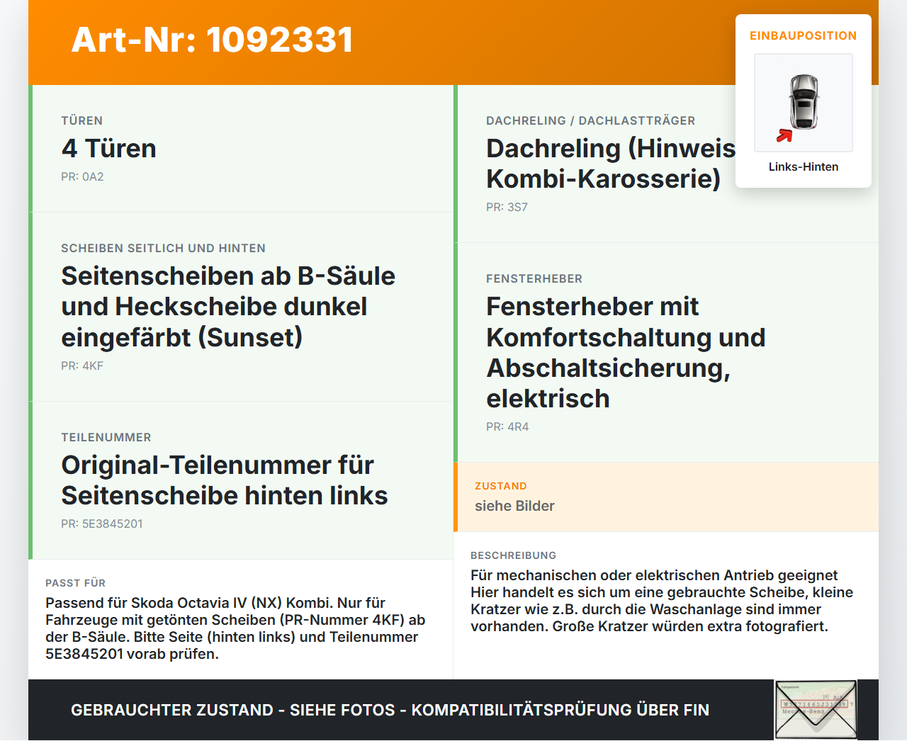 Skoda Octavia IV NX 20-24 Kombi Seitenscheibe LHK  für Türscheibe Fenster Links Hinten Orig. getönt Skoda Octavia... Vorschau 3