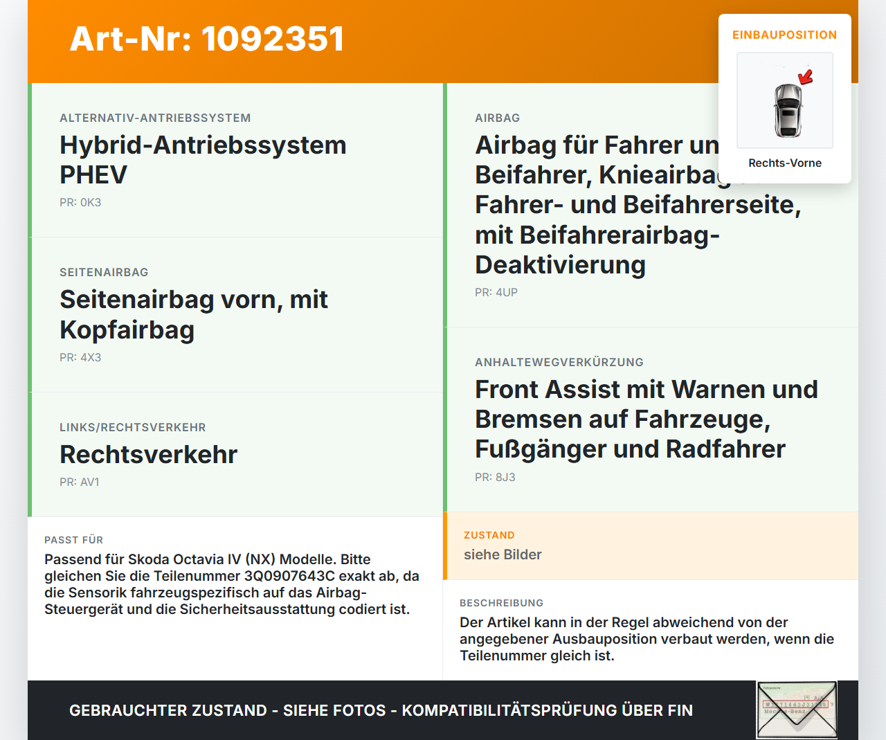 Skoda Octavia IV NX 20-24 Sensor für Airbag Crashsensor Airbagsensor Rechts Vorne Skoda Octavia IV NX 20-24... Vorschau 3