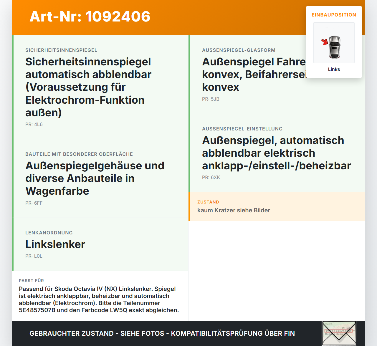 Skoda Octavia IV NX 20-24 Spiegel Aussenspiegel Links Elektrochrom LW5Q Skoda Octavia IV NX 20-24 26.04.2021... Vorschau 3