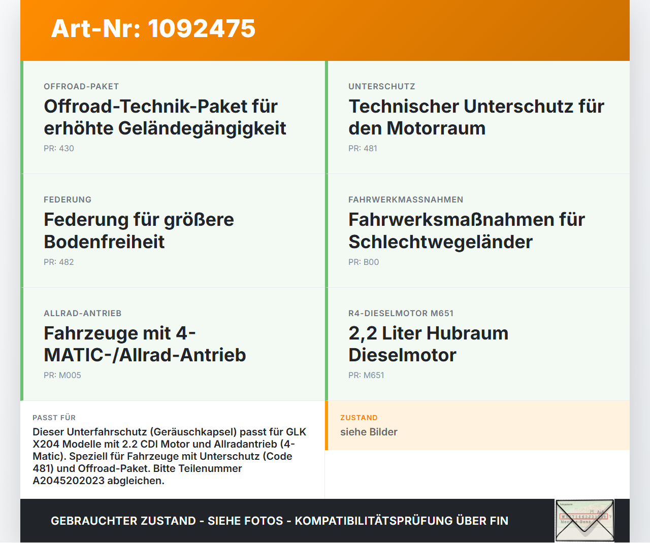 Mercedes GLK X204 12-15 CDI 2,2 125KW Unterfahrschutz Mercedes GLK X204 12-15 23.05.2013 A2045202023 gebraucht Vorschau 3