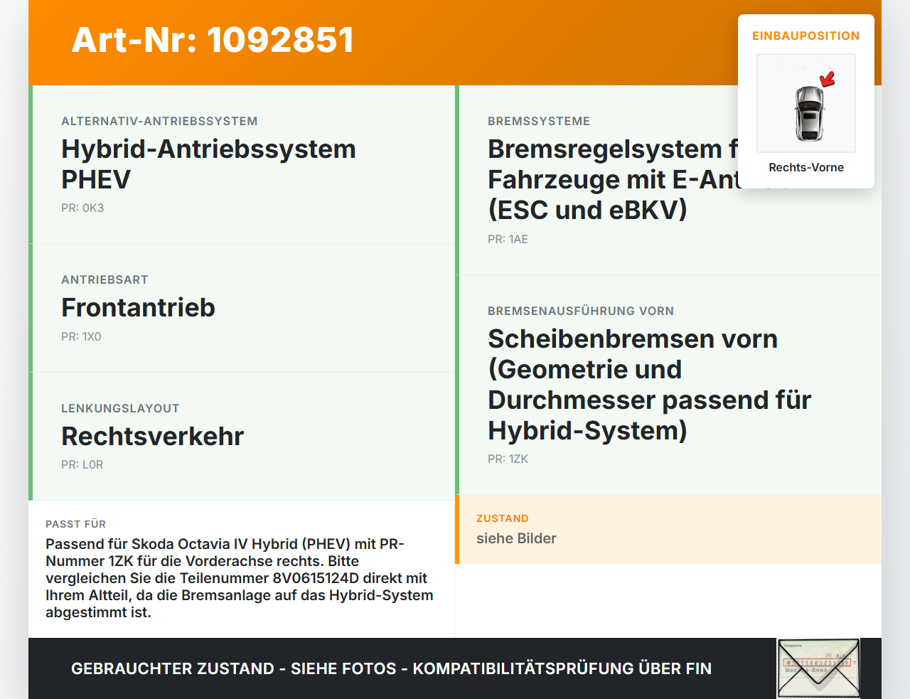 Skoda Octavia IV NX 20-24 Hybrid TSI iV 1,4 110KW Bremssattel Bremszange Vorne Rechts Skoda Octavia IV NX 20-24... Vorschau 3