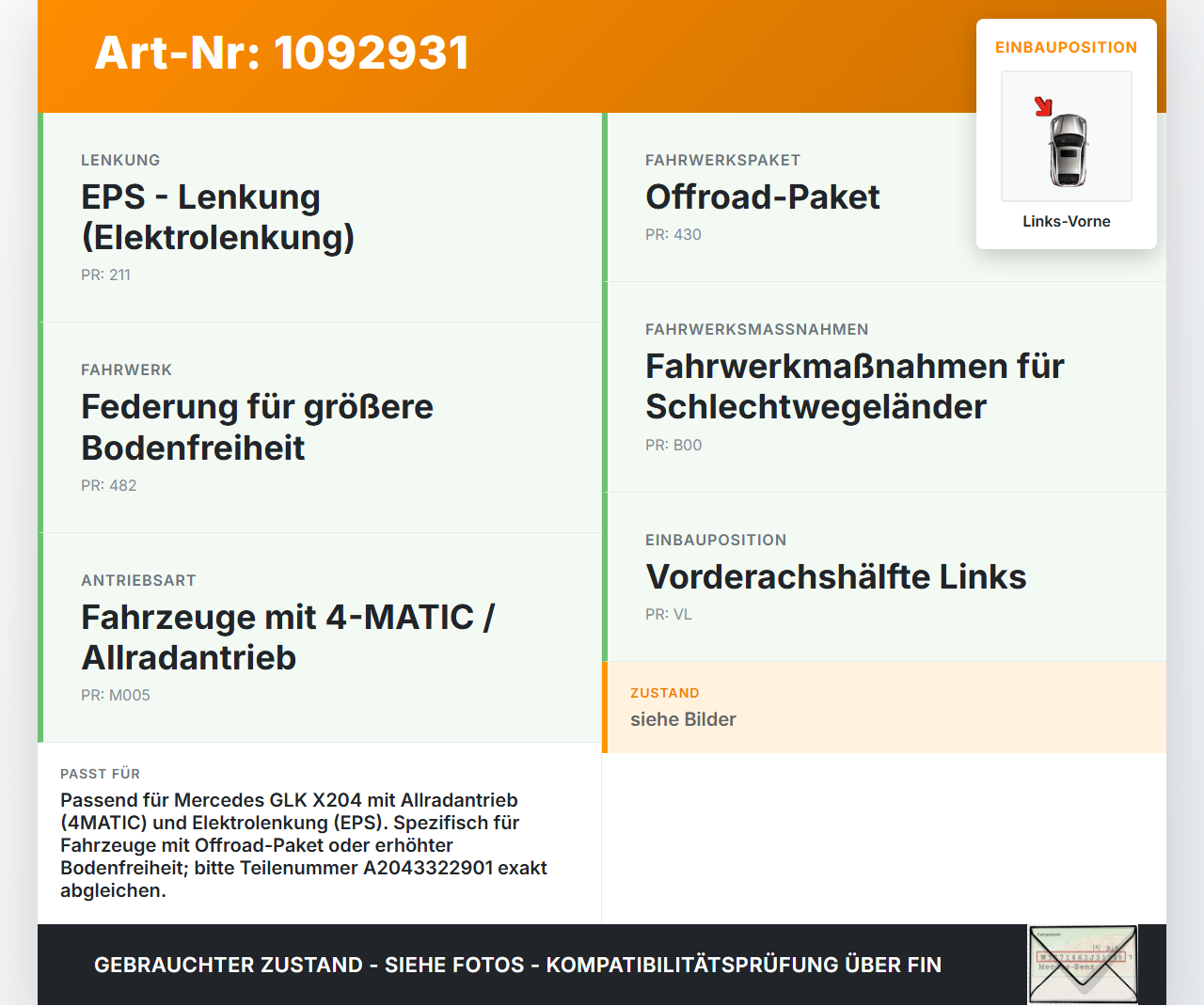 Mercedes GLK X204 12-15 CDI 2,2 125KW Achsschenkel Radnabe Links Vorne Mercedes GLK X204 12-15 23.05.2013... Vorschau 3