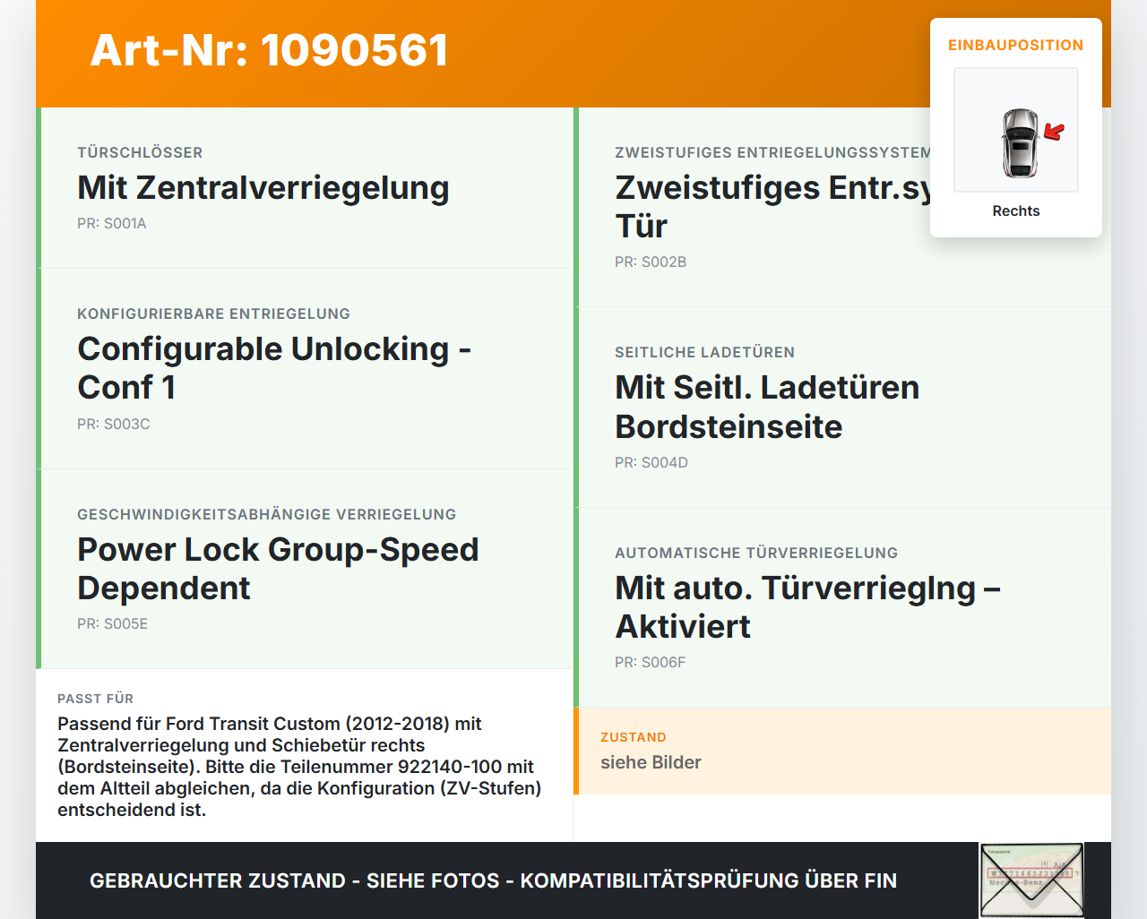 Ford Transit Custom 12-18 Kasten Türschloss m. ZV Stellmotor Rechts Mitte Ford Transit Custom 12-18 08.06.2015... Vorschau 3