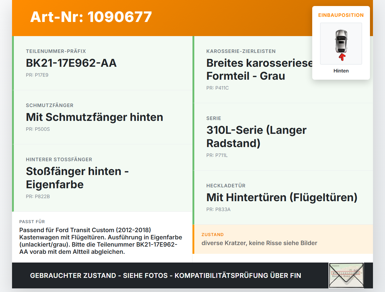 Ford Transit Custom 12-18 Kasten Stoßstange Stoßfänger Heckstosstange Hinten AA Ford Transit Custom 12-18... Vorschau 3
