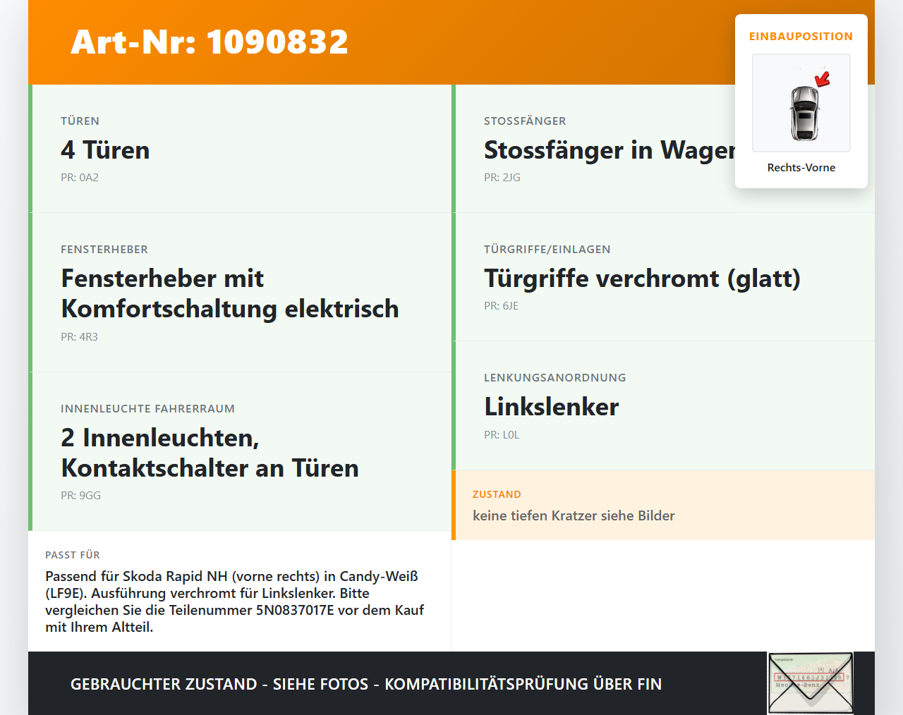 Skoda Rapid NH 12-17 Lim Türgriff Griff aussen Rechts Vorne LF9E Skoda Rapid NH 12-17 19.12.2013 5N0837017E gebraucht Vorschau 3