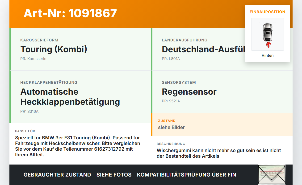 BMW 320d F31 12-15 Kombi Heckwischer Scheibenwischer Hinten Wischarm BMW 320d F31 12-15 21.12.2012 7312792... Vorschau 3