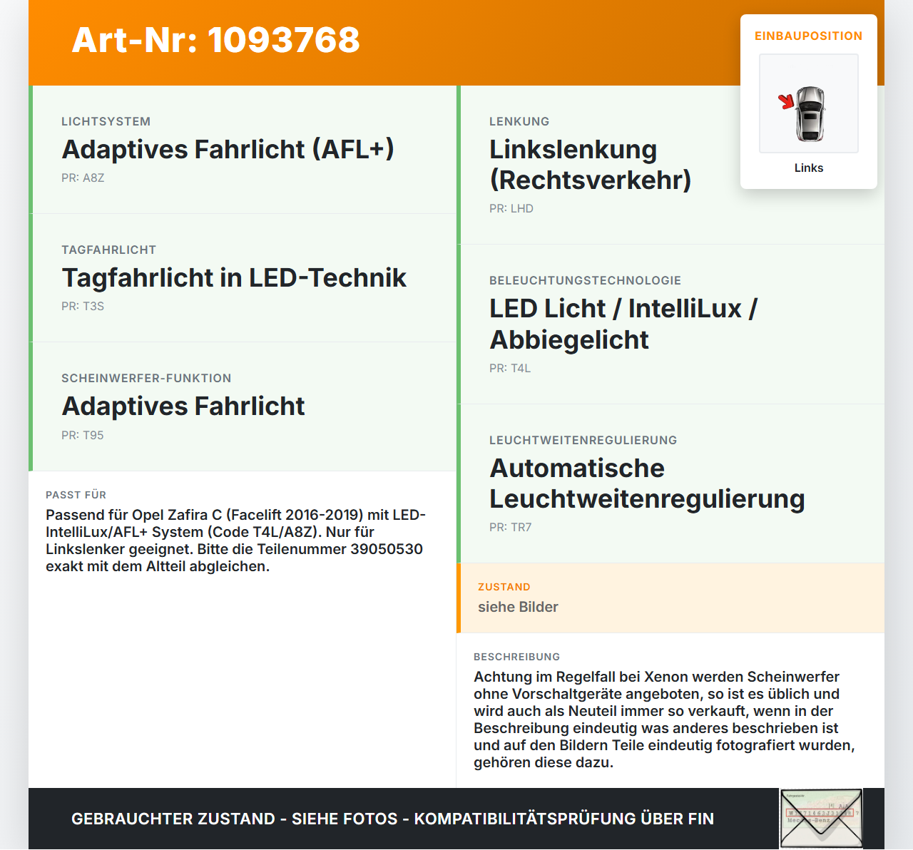Opel Zafira C P12 16-19 Scheinwerfer Frontscheinwerfer Links Opel Zafira C P12 16-19 27.06.2018 39050530 gebraucht Vorschau 3