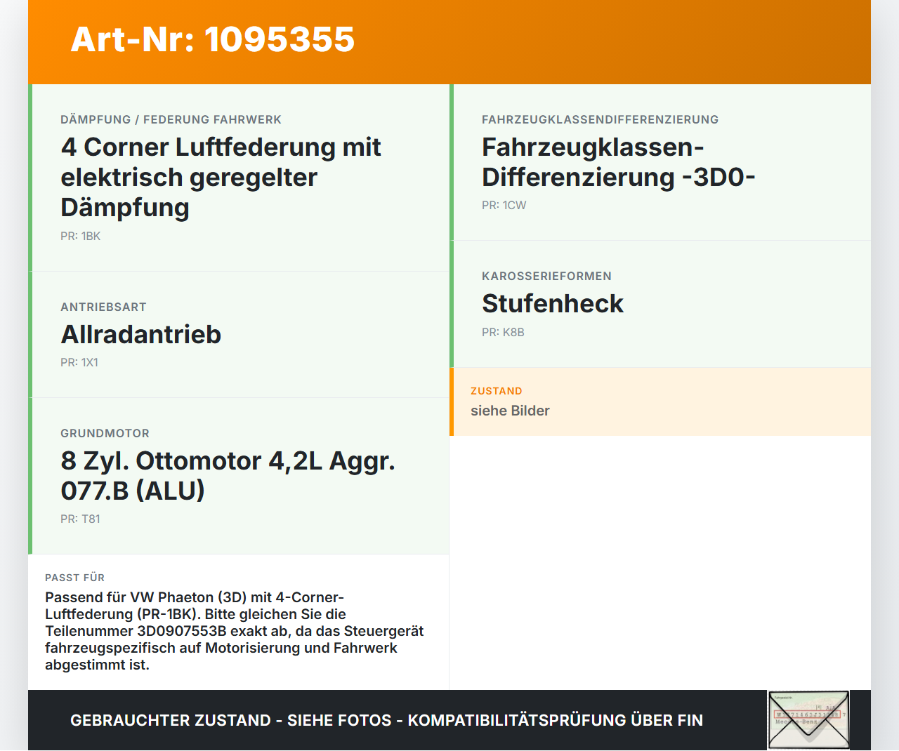 VW Phaeton 3D 02-07 Steuergerät Luftfederung Luftfahrwerk Air Suspension VW Phaeton 3D 02-07 02.09.2004 3D0907553C... Vorschau 3