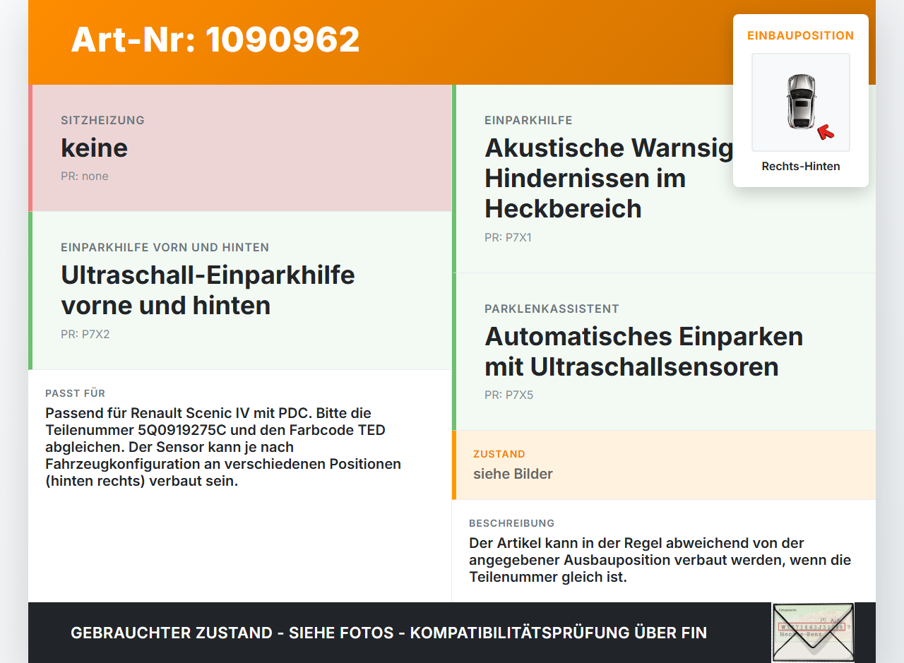 Renault Scenic IV R9 16-22 Abstands Sensor Parksensor PDC Hinten Rechts Aussen  TED Renault Scenic IV R9 16-22... Vorschau 3