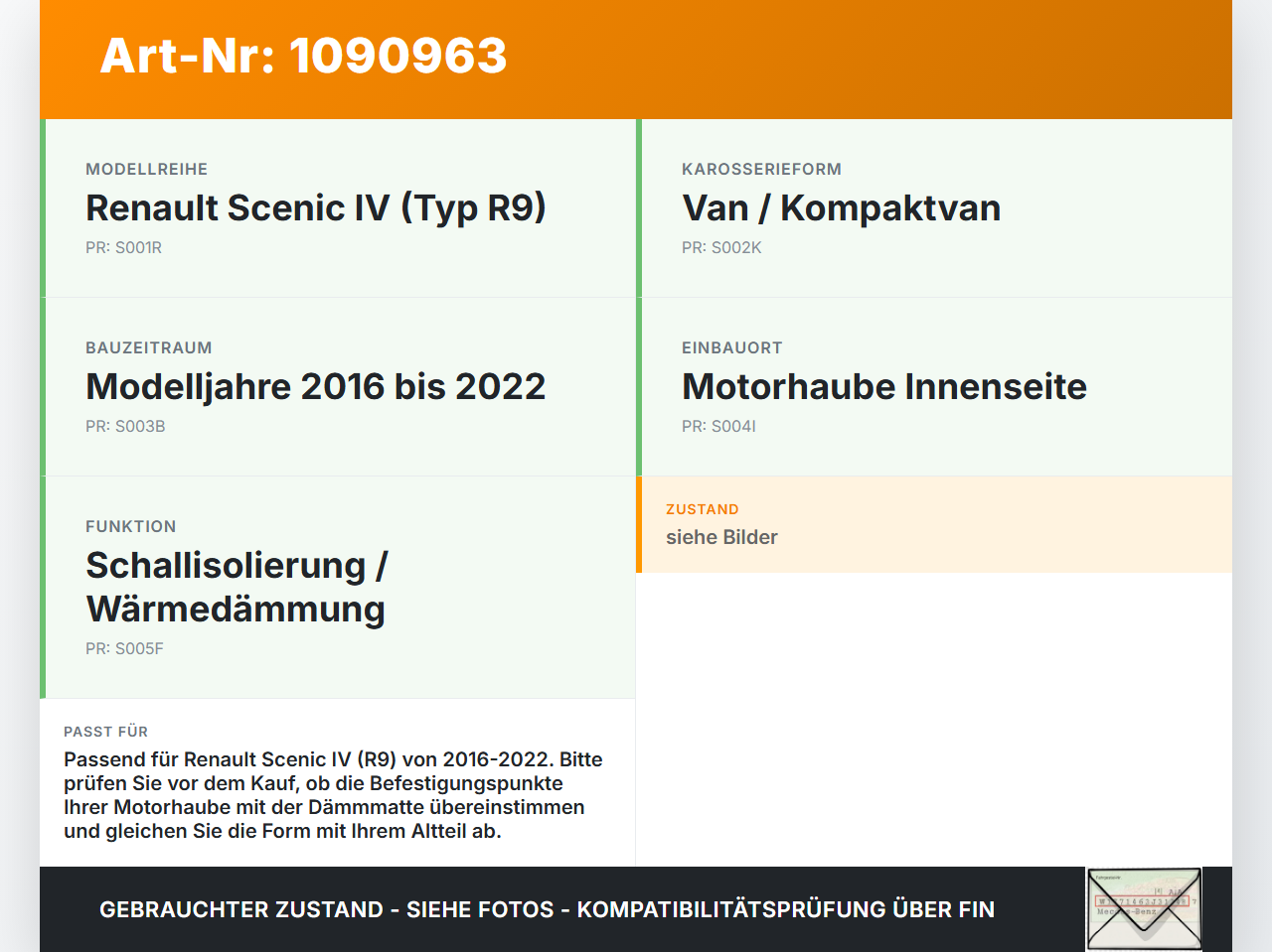 Renault Scenic IV R9 16-22 Dämmung Schallisolierung für Motorhaube Dämmmatte Renault Scenic IV R9 16-22 01.04.2019... Vorschau 3