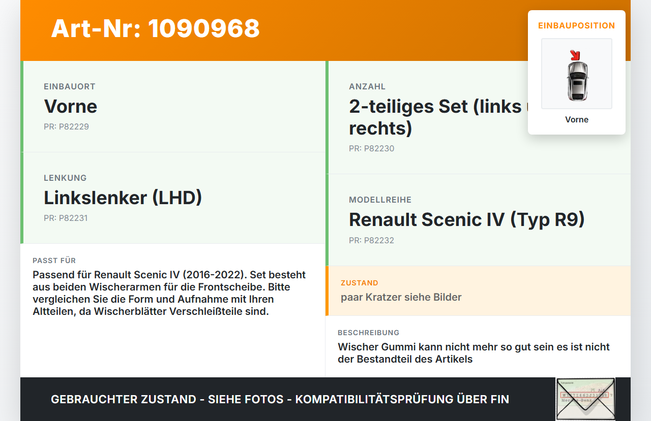 Renault Scenic IV R9 16-22 2x Scheibenwischer Wischarm Vorne Renault Scenic IV R9 16-22 01.04.2019 gebraucht Vorschau 3